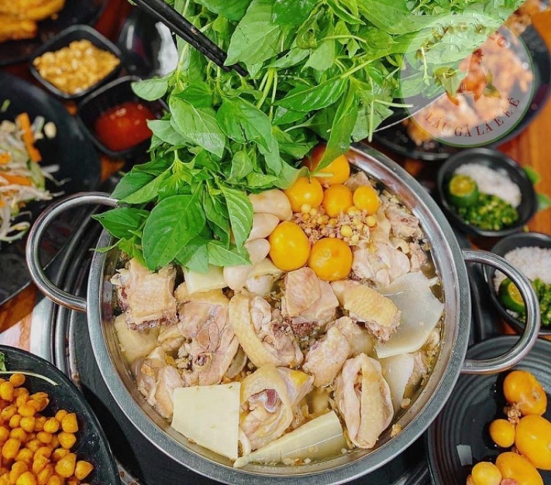 熱騰騰香氣四溢的雞肉火鍋，配料豐富。