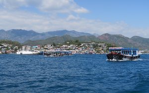 芽莊四島遊漁村與觀光船景色