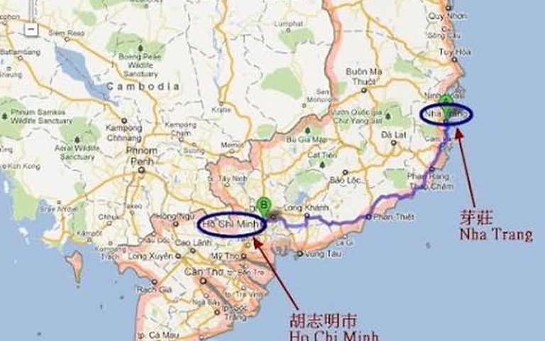 胡志明市前往芽莊的地圖路線示意 