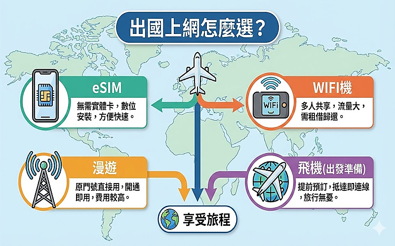 出國上網方式與eSIMWiFi漫遊方案比較圖