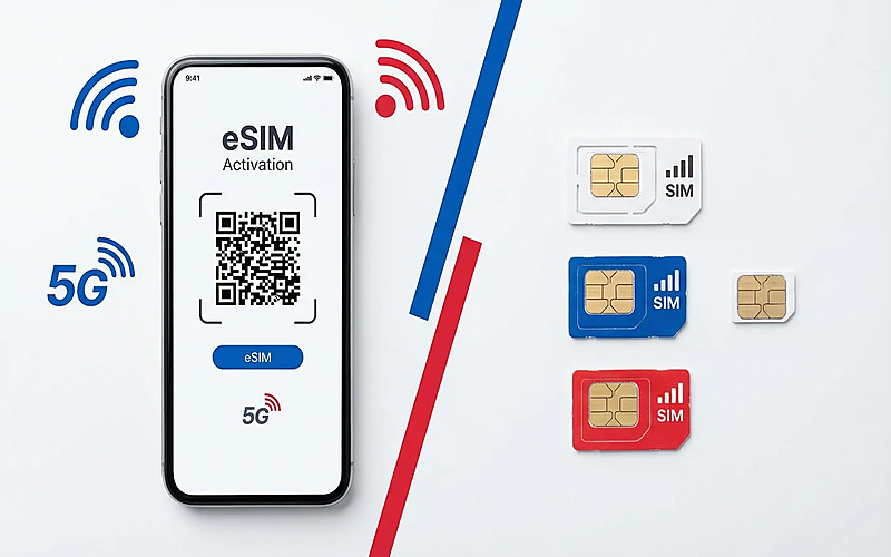 手機顯示eSIM啟用畫面與多張實體SIM卡對比